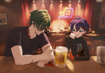 alcohol beer beer_mug belle_(zenless_zone_zero) black_nails black_shirt blue_eyes blue_hair blush breasts chair closed_mouth commentary_request crossed_bangs cup drinking_glass enko fingerless_gloves gloves green_hair hair_between_eyes hair_ornament highres holding holding_cup index_finger_raised indoors jewelry lighter_(zenless_zone_zero) long_sleeves mug nail_polish necklace neon_lights open_mouth orange_gloves scar scar_on_arm shirt short_hair short_sleeves sign signature single_glove sunglasses sweat table zenless_zone_zero
