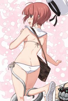 1girl abyssal_ship ass bag bikini brown_eyes brown_hair butt_crack enemy_naval_mine_(kancolle) feet_out_of_frame from_behind hat highres kanmiya_shinobu kantai_collection lowleg lowleg_bikini sailor_bikini sailor_collar sailor_hat sandals short_hair swimsuit teeth tentacles unworn_hat unworn_headwear white_bikini white_hat white_sailor_collar z3_max_schultz_(kancolle) z3_max_schultz_(swimsuit)_(kancolle)