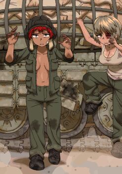 2girls arms_up army bandaid blonde_hair blood blood_on_face breasts cleavage dark_skin desert dust green_eyes homeerosu jaggy_lines large_breasts medium_breasts military_vehicle motor_vehicle multiple_girls navel one_eye_closed open_clothes original outdoors red_hair short_hair sweat tan tank tank_top