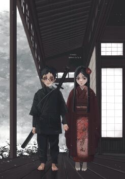 1boy 1girl absurdres barefoot black_hair black_se_sa_mi breath commentary_request flower hair_flower hair_ornament haori highres holding_hands japanese_clothes kimono obi original red_flower red_haori sash scabbard scar scar_across_eye scar_across_eyes scar_on_face sheath snow sword tabi weapon