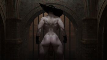 1futa 3d alcina_dimitrescu ass black_gloves blender_(medium) capcom futanari gloves hat headgear highres huge_ass huge_penis looking_back muscular nude nyl2 pale_skin penis resident_evil resident_evil_village solo sun_hat