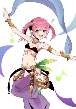 1girl absurdres belt bikini blush bracelet commentary_request dancer dancer_(sekaiju) dancer_2_(sekaiju) earrings etrian_odyssey feathers flat_chest green_eyes green_feathers highres ice_compass0610 jewelry musical_note navel necklace open_mouth pink_hair red_bikini scabbard sekaiju_no_meikyuu sekaiju_no_meikyuu_4 sheath smile solo standing standing_on_one_leg swimsuit twintails white_background