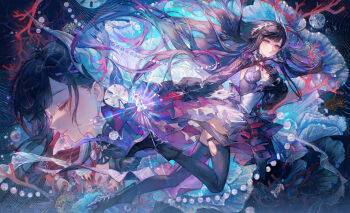 1girl absurdres asymmetrical_gloves black_boots black_gloves black_hair black_thighhighs boots breasts cleavage closed_eyes closed_mouth dress full_body gloves high_heel_boots high_heels highres honkai:_star_rail honkai_(series) hysilens_(honkai:_star_rail) long_hair maccha_(mochancc) mismatched_gloves multicolored_hair multiple_views parted_lips purple_eyes purple_hair red_gloves shrug_(clothing) thighhighs torn_clothes torn_thighhighs very_long_hair