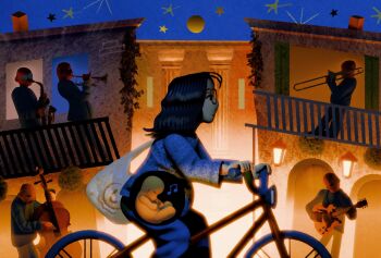 1girl 5boys acoustic_guitar bicycle black_hair eyewear_on_head fetus glasses guitar highres instrument louie_zong multiple_boys music musical_note playing_guitar playing_instrument real_life riding riding_bicycle star_(sky) trumpet