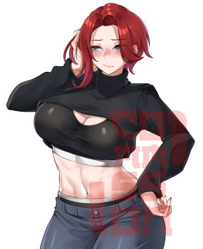 1girl absurdres azuri909 black_shrug black_sports_bra blue_eyes blush breasts cleavage closed_mouth commentary commission cowboy_shot deadlydesiree_(vtuber) english_commentary grey_pants hand_in_own_hair hand_on_own_hip highres indie_virtual_youtuber large_breasts long_sleeves looking_to_the_side medium_hair navel pants parted_hair red_hair shrug_(clothing) simple_background solo sports_bra stomach vgen_commission virtual_youtuber watermark white_background