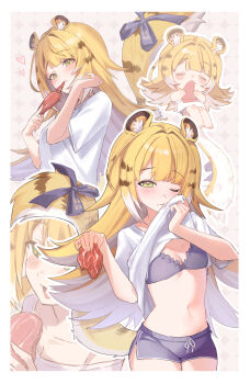 =_= absurdres animal_ear_fluff animal_ears barefoot blonde_hair blue_bow blush blush_stickers bow bra breasts chibi cleavage closed_eyes closed_mouth clothes_lift collarbone colored_inner_hair dot_nose eating fang food from_side green_eyes grey_bra grey_shorts hands_up heart highres holding holding_food ju_fufu kuro11kii lifting_own_clothes loli long_hair looking_at_viewer meat multicolored_hair multiple_views navel one_eye_closed open_mouth orange_fur raw_meat shirt shirt_lift short_shorts short_sleeves shorts sitting small_breasts solo standing stomach striped_fur striped_hair tail tail_bow tail_ornament thighs tiger_ears tiger_girl tiger_stripes tiger_tail underwear very_long_hair white_background white_shirt wiping_mouth wiping_with_clothes zenless_zone_zero