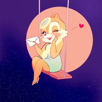 Rule 34 | 1girl, blue dress, blue eyes, chipmunk ears, chipmunk girl, clarice (disney), disney, dress, envelope, eyelashes, flower, full body, hair flower, hair ornament, looking at viewer, mickey mouse &amp; friends, open mouth, rrr0511, smile, solo, swing