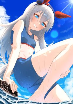 1girl absurdres animal_ears arm_support bare_shoulders blue_eyes blue_hairband blue_shorts blue_sky blue_sports_bra blush bokkehebkbk breasts cloud commentary_request ear_covers grey_hair grey_tail hair_between_eyes hairband headband highres horse_ears horse_girl horse_tail long_hair midriff multicolored_hairband open_mouth outdoors red_headband shorts sky small_breasts smile sports_bra striped_clothes striped_hairband tail tamamo_cross_(umamusume) teeth two-tone_hairband umamusume very_long_hair water wet