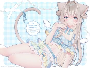 1girl animal_ear_fluff animal_ears blue_bow blue_eyes blue_shirt blue_skirt blush bow breasts cat_ears cat_girl cat_tail cropped_shirt double_bun grey_hair hair_bun highres long_hair looking_at_viewer midriff navel original parted_lips shirt skirt solo tail tail_bow tail_ornament thighs uu3cm