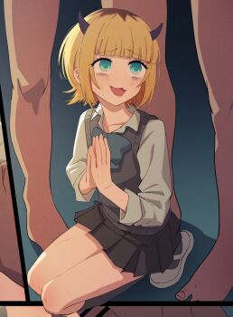 1girl begging blonde_hair blue_eyes demon_horns fake_horns horns imminent_gangbang mem-cho multicolored_hair multiple_boys no_pupils open_mouth oshi_no_ko roots_(hair) shirt short_hair skirt squatting sweatdrop tears yamomono