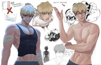 Rule 34 | 1boy, bandaid, bandaid on face, blonde hair, cakkezzz, collarbone, covered abs, earrings, fang, grin, groin, highres, jewelry, jujutsu kaisen, linea alba, male focus, nipples, pectorals, short hair, smile, toned, toned male, upper body, white background, yellow eyes, zen'in maki, zen'in maki (post shibuya), zen'in naoya