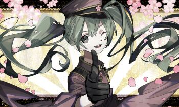 1girl black_coat black_gloves black_hair cherry_blossoms coat commentary_request finger_gun gloves green_hair hat hatsune_miku highres long_hair one_eye_closed peaked_cap petals pointing pointing_at_viewer senbonzakura_(vocaloid) solo soyaka twintails upper_body vocaloid