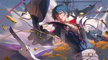 1boy absurdres anchor_ornament belt bird blouse blue_hair blue_shirt blue_sky boat body_markings brant_(wuthering_waves) cape chinese_commentary coin commentary confetti crossed_belts floating_cape floating_clothes gold_coin hat high_collar highres holding holding_unworn_clothes holding_unworn_hat lapel_chain light_particles looking_at_viewer male_focus mast multiple_belts pants parted_lips pectoral_cleavage pectorals red_eyes sail sailboat seagull shirt short_hair sky smile solo tacet_mark_(wuthering_waves) toned toned_male unworn_hat unworn_headwear upper_body watercraft white_belt white_bird white_cape white_hat white_pants wuthering_waves xiao&#039;er_yushiwuzheng