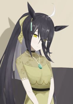 Rule 34 | 1girl, absurdres, ahoge, animal ears, black hair, blunt ends, collar, commentary request, dress, ear ornament, ear tag, earrings, eyes visible through hair, frilled collar, frills, hair between eyes, hair ribbon, highres, horse ears, horse girl, jewelry, long hair, long hair between eyes, looking at viewer, manhattan cafe (umamusume), multicolored hair, necklace, parted lips, ponytail, ribbon, short sleeves, single earring, smile, solo, tp tof, umamusume, very long hair, white hair, yellow dress, yellow eyes, yellow ribbon