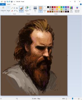 1boy art_program_in_frame beard brown_hair christian_young commentary cropped_shoulders facial_hair hair_slicked_back looking_to_the_side male_focus microsoft_paint_(medium) microsoft_paint_(software) original partially_shaded_face portrait screencap serious short_hair solo symbol-only_commentary