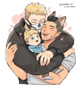 3boys animal_ears black_hair black_hoodie blonde_hair blue_eyes call_of_duty call_of_duty:_modern_warfare_2 cat_boy cat_ears child closed_eyes couple dreaming_oor facial_hair family ghost_(modern_warfare_2) grey_shirt highres hood hood_down hoodie hug male_focus mask mouth_mask multiple_boys open_mouth shirt short_hair smile soap_(modern_warfare_2) twitter_username yaoi