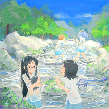 4girls aioi_yuuko animal animal_hug black_hair blue_hair blue_skirt closed_eyes fish flower glasses highres in_water kyuunn long_hair minakami_mai multiple_girls naganohara_mio nichijou orange_hair outdoors playing river rock scenery school_uniform shinonome_nano shirt short_hair short_twintails skirt splashing tokisadame_school_uniform tree twintails water wet wet_clothes wet_hair wet_shirt wet_skirt white_shirt winding_key
