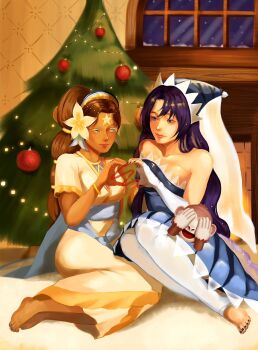 2girls blue_eyes bracelet braid braided_ponytail brown_hair christmas christmas_lights christmas_ornaments christmas_tree cookie_run dark-skinned_female dark_skin hey67o high_ponytail highres humanization jewelry long_hair looking_at_viewer monkey moonlight_cookie multiple_girls nail_polish personification ponytail sitting star_(symbol) starfruit_cookie