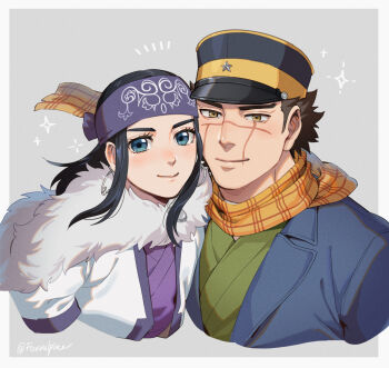 1boy 1girl ainu_clothes asirpa black_hair blue_eyes border commentary_request eyelashes foxvulpine golden_kamuy grey_background hat jacket peaked_cap scar scar_on_face scarf smile sugimoto_saichi white_border