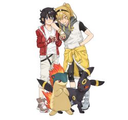 2girls animal_ears animal_hands arm_on_another&#039;s_shoulder black_hair blue_eyes clothes_around_waist colored_sclera crossover fingerless_gloves fire gen_2_pokemon gloves hand_in_pocket highres holding holding_poke_ball hood hooded_vest hoodie jacket jacket_around_waist jiguang_haibao knee_pads koishikawa_iko leaning_on_person long_hair momijiyama_teru multiple_girls nintendo open_clothes open_jacket poke_ball poke_ball_(basic) pokemon ponytail quilava red_gloves red_jacket red_sclera scar_across_eyebrow scar_on_face semi-rimless_eyewear shirt shy_(series) tail umbreon vest white_shirt yellow_eyes