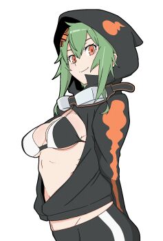 1girl arms_behind_back ayu_(ddestiny944) bikini black_bikini black_jacket black_shorts breasts commentary_request cowboy_shot digimon digimon_story:_cyber_sleuth digimon_world_re:digitize green_hair highres hood hood_up hooded_jacket jacket looking_at_viewer multicolored_bikini orange_eyes shinomiya_rina shorts simple_background small_breasts solo swimsuit two-tone_bikini white_background white_bikini