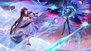 1boy 1girl absurdres bare_shoulders battle black_hair blue_hair closed_eyes columbina_(genshin_impact) commentary dottore_(genshin_impact) dottore_(heretic_of_the_false_moon)_(genshin_impact) dress english_commentary eye_mask genshin_impact gloves head_wings highres hydrokinesis jewelry long_hair long_sleeves mask moon multicolored_hair purple_eyes purple_hair sakon04 sidelocks smile two-tone_hair unusually_open_eyes very_long_hair water white_dress wings