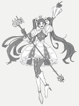 Rule 34 | 1girl, :d, arm up, boots, crown, dress, frilled dress, frilled sleeves, frills, full body, gloves, greyscale, hand up, high heel boots, high heels, highres, holding, holding microphone, humanization, ice morinaka, index finger raised, juliet sleeves, knee boots, long hair, long sleeves, looking at viewer, microphone, mini crown, monochrome, open mouth, parted bangs, puffy sleeves, simple background, smile, solo, the hundred line -last defense academy-, turamtammi, twintails, very long hair