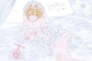 1boy alternate_costume antique_phone aotu_world bare_shoulders bed_sheet blonde_hair blue_eyes blush bow bridal_veil chinese_commentary choker crossdressing crossdressing_(mtf) curtains detached_sleeves dress english_text frilled_choker frilled_dress frilled_hairband frills gem hair_between_eyes hair_ornament hairband hairclip highres holding holding_phone king_(aotu_world) lace lace-trimmed_thighhighs lace_trim long_sleeves looking_at_viewer lying male_focus off_shoulder on_bed on_side parted_lips pearl_(gemstone) phone plutoray pointy_ears see-through_clothes see-through_thighhighs short_hair sleeveless sleeveless_dress solo sparkle thighhighs trap veil white_bow white_dress white_sleeves white_theme white_thighhighs white_veil