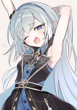 1girl armpits bare_arms belt black_belt black_dress black_necktie blue_dress blue_eyes blue_hairband buttons checkered_clothes checkered_dress checkered_hairband chess_piece coat_dress collared_dress commentary dress extra_pupils female_tyrant_(stella_sora) grey_hair hairband highres jewelry key key_necklace light_blush long_hair necklace necktie one_eye_closed pointy_ears short_necktie simple_background sleepy solo squeans stella_sora stretching tearing_up tyrant_(stella_sora) utakapen very_long_hair white_background yawning