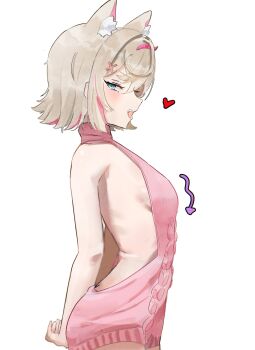 1girl absurdres alternate_costume animal_ears blonde_hair blue_eyes breasts commentary dog_ears dog_girl english_commentary hair_ornament heart highres hololive hololive_english mococo_abyssgard no_tail pink_hair pink_sweater short_hair sideboob smile solo sweater tomosakaaa turtleneck turtleneck_sweater virgin_killer_sweater virtual_youtuber white_background x_hair_ornament