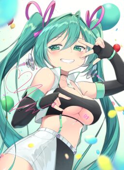 1girl absurdres black_gloves blush breast_tattoo breasts fingerless_gloves gloves grin hair_between_eyes hatsune_miku hatsune_miku_expo heart heart_of_string highres jungki_dr long_hair looking_at_viewer navel pink_ribbon ribbon smile solo string_around_finger suspenders tattoo twintails two-tone_skirt underboob very_long_hair vocaloid zipper_pull_tab