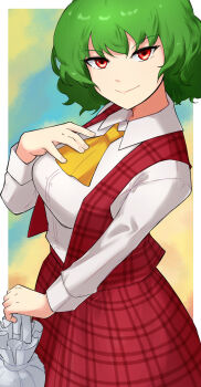 Rule 34 | 1girl, ascot, closed mouth, collared shirt, commentary, from above, green hair, green skirt, hand on own chest, hand up, highres, holding, holding umbrella, kazami yuuka, long sleeves, looking at viewer, open clothes, open vest, outside border, plaid clothes, plaid skirt, planted, planted umbrella, red eyes, red skirt, red vest, shirt, shirt tucked in, short hair, skirt, skirt set, smile, solo, spottylen, touhou, turning head, umbrella, vest, white shirt, yellow ascot