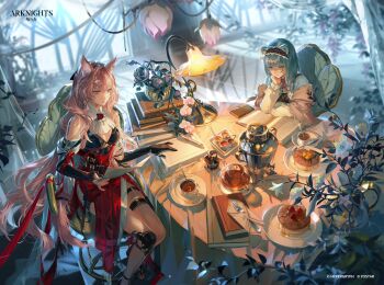 animal_ear_fluff animal_ears arknights artist_name ascot bear_ears black_sleeves blue_dress book book_stack breasts brown_shawl cake chair chinese_commentary cleavage commentary_request copyright_name cup curtains detached_collar detached_sleeves dress feet_out_of_frame flower food hairband head_rest highres holding holding_paper indoors istina_(arknights) istina_(bibliosmia)_(arknights) lamp long_hair looking_down monocle official_art open_book paper paper_stack pen pink_eyes pink_flower pink_hair plant pozyomka_(arknights) reading red_dress red_hairband rrr_(reason) saucer shawl table tablecloth tail teacup teapot teaspoon very_long_hair white_ascot white_flower wolf_ears wolf_girl wolf_tail