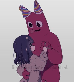 1girl artist_self-insert banban_(garten_of_banban) blush brown_cardigan brown_eyes brown_hair cardigan closed_mouth garten_of_banban grey_background hand_on_another's_waist hat holding_hands kiman long_sleeves looking_up medium_hair monster original party_hat runaway_girl_(kiman) sidelocks simple_background smile tongue tongue_out