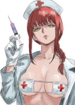 1girl alternate_costume bikini braid braided_ponytail breasts chainsaw_man eddenikki eyepatch_bikini hair_over_shoulder hat highres holding holding_syringe jacket long_hair looking_at_viewer makima_(chainsaw_man) medium_breasts nurse_cap parted_lips red_hair ringed_eyes sidelocks simple_background solo swimsuit syringe white_background white_jacket yellow_eyes