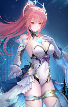 Rule 34 | 1girl, absurdres, aemeath (wuthering waves), bare shoulders, breasts, cleavage, closed mouth, commentary, elbow gloves, gloves, hair ornament, hand up, highres, large breasts, leotard, looking at viewer, orange eyes, pink hair, ponytail, showgirl skirt, shuo bian yue, skirt, smile, solo, star-shaped pupils, star (symbol), symbol-shaped pupils, tacet mark (wuthering waves), thighs, white gloves, white leotard, white skirt, wuthering waves