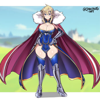 1girl @_(symbol) alternate_breast_size arm_armor armor armored_boots armored_gloves artist_name artoria_pendragon_(fate) artoria_pendragon_(lancer)_(fate) artoria_pendragon_(lancer)_(fate)_(cosplay) artoria_pendragon_(lancer)_(third_ascension)_(fate) blonde_hair blue_eyes blush boots breasts cape cleavage closed_mouth cosplay fate/grand_order fate_(series) fur-trimmed_cape fur_trim genderswap genderswap_(mtf) highres jarckius large_breasts link nintendo pointy_ears sleeveless sleeveless_turtleneck smile the_legend_of_zelda the_legend_of_zelda:_breath_of_the_wild the_legend_of_zelda:_tears_of_the_kingdom thick_thighs thighhighs thighs turtleneck