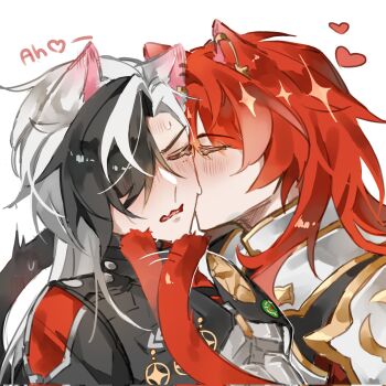 2boys animal_ears argenti_(honkai:_star_rail) armor black_hair black_jacket blush boothill_(honkai:_star_rail) cat_boy cat_ears cat_tail cha_nomb closed_eyes commentary cropped_jacket english_commentary hair_over_one_eye heart highres honkai:_star_rail honkai_(series) jacket kemonomimi_mode kiss kissing_cheek male_focus motion_blur motion_lines multicolored_hair multiple_boys nervous_sweating one_eye_covered parted_hair red_hair sweat tail tail_wagging white_armor white_background white_hair yaoi zipper_pull_tab