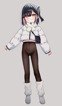 1girl absurdres bag black_hair blush brown_pantyhose closed_mouth covered_navel cropped_jacket fang fang_out full_body grey_background hair_between_eyes highres jacket loli long_sleeves looking_at_viewer loose_socks meito_(maze) multicolored_hair no_panties no_pants one_side_up original pantyhose pink_hair puffy_long_sleeves puffy_sleeves red_eyes ribbed_socks scarf shoes shoulder_bag simple_background sleeves_past_wrists socks solo standing two-tone_hair white_jacket white_scarf white_shoes white_socks