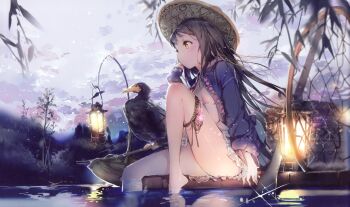 1girl absurdres anmi bare_legs barefoot bird black_hair breasts chinese_clothes day expressionless frills hat highres lantern leg_up legs long_hair net no_bra oar open_clothes open_shirt original raft river scan shirt sitting sky small_breasts soaking_feet straw_hat thigh_strap thighs water yellow_eyes