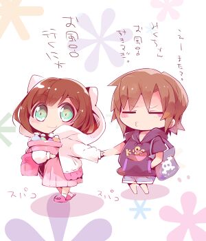 2girls :3 =_= animal_ear_hood animal_ears ankle_socks aqua_eyes bag bare_arms barefoot basket black_hoodie blue_shorts blunt_bangs blush_stickers bob_cut brown_hair cat_ears character_request chibi closed_mouth clothes_writing commentary_request denim denim_shorts dress fake_animal_ears floral_background furrowed_brow grey_bag hand_in_pocket heart heart_print holding holding_basket holding_hands hood hood_down hood_up hooded_jacket hoodie idolmaster idolmaster_cinderella_girls jacket light_blush long_dress long_sleeves looking_at_viewer maekawa_miku medium_hair messy_hair multiple_girls open_clothes open_jacket pink_bag pink_dress pink_sandals pleated_dress puffy_long_sleeves puffy_sleeves sandals shadow short_hair short_sleeves shorts skull_print sleeves_past_wrists smile soap_bottle socks standing tareme tote_bag translation_request usoneko white_background white_jacket white_socks yuri
