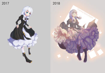 Rule 34 | 1girl, 2017, 2018, absurdres, black dress, bliss ning, blue eyes, boots, character name, closed mouth, commentary request, dress, full body, grey background, highres, honkai (series), honkai impact 3rd, long hair, long sleeves, looking at viewer, nun, open mouth, puffy long sleeves, puffy sleeves, solo, theresa apocalypse, theresa apocalypse (valkyrie pledge), thighhighs, white hair, white thighhighs