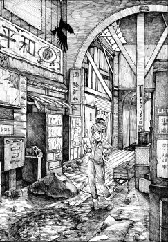 1girl absurdres boots closed_mouth commentary_request contrapposto full_body greyscale hand_on_own_hip hand_up highres holding holding_paper indoors jacket long_sleeves monochrome original pants paper pen_(medium) rock roroichi scenery short_hair sign smile solo standing traditional_media