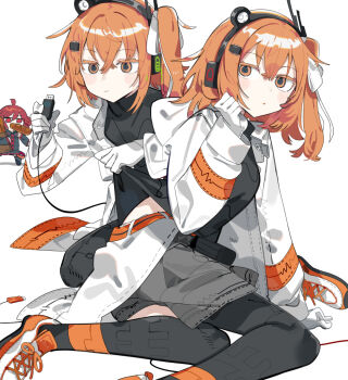 2girls a.i._voice baguette black_thighhighs bread closed_mouth commentary food food_in_mouth gloves grey_skirt hair_between_eyes hair_ribbon headlamp holding jacket karei kasane_teto long_sleeves mouth_hold multiple_girls open_clothes orange_eyes orange_hair red_hair ribbon shoes simple_background sitting skirt symbol-only_commentary thighhighs usb usb_cable utau white_background white_gloves white_jacket white_ribbon