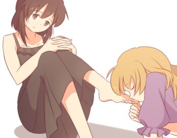 Rule 34 | 2girls, alternate costume, barefoot, black dress, closed eyes, closed mouth, collarbone, commentary request, dress, kissing foot, maribel hearn, missing headwear, multiple girls, nightgown, own hands together, puffy short sleeves, puffy sleeves, purple dress, short sleeves, sitting, touhou, unagi sango, usami renko, white background, yuri