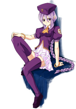 Rule 34 | 00s, 1girl, braid, breasts, date (senpen), female focus, leg lift, long hair, melty blood, panties, pantyshot, pleated skirt, purple eyes, purple hair, purple panties, purple thighhighs, school uniform, serafuku, single braid, sion eltnam (type-moon), sion eltnam atlasia, sitting, skirt, solo, striped clothes, striped panties, thighhighs, tsukihime, underwear, very long hair, zettai ryouiki