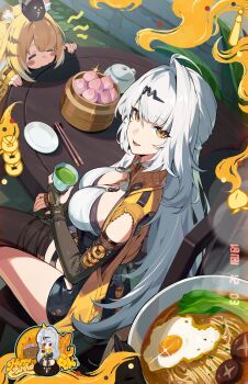 Rule 34 | absurdres, animal ear fluff, animal ears, black gloves, blonde hair, breasts, chinese commentary, cleavage, commentary request, fingerless gloves, gloves, hair ornament, highres, jacket, ju fufu, large breasts, long hair, looking at viewer, multicolored hair, multiple girls, official art, smile, tail, tiger ears, tiger girl, white hair, yellow eyes, yixuan (zenless zone zero), zenless zone zero