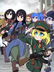 86_-eightysix- absurdres ak-47 artist_name assault_rifle beret black_eyes black_hair blonde_hair blue_eyes blue_hair bongftah cammy_white chito_(shoujo_shuumatsu_ryokou) combat_helmet crossover dragon_ball dragon_ball_(classic) fern_(sousou_no_frieren) goosestepping gun hat hellsing helmet highres holding holding_gun holding_weapon kalashnikov_rifle leona_heidern looking_down mai_(dragon_ball) march mikasa_ackerman military_parade military_uniform multiple_crossover multiple_girls parade paradis_military_uniform peaked_cap ponytail rifle salute seras_victoria shoujo_shuumatsu_ryokou sousou_no_frieren stahlhelm street_fighter tanya_degurechaff the_king_of_fighters vladilena_millize weapon youjo_senki yuuri_(shoujo_shuumatsu_ryokou)