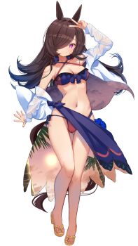 Rule 34 | 1girl, absurdres, alternate costume, animal ears, bikini, blush, breasts, closed mouth, commentary request, full body, hair ornament, highres, horse ears, horse girl, horse tail, jacket, legs, medium breasts, navel, purple eyes, rice shower (umamusume), sandals, swimsuit, tail, toenails, toes, umamusume, v, yomean!