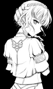 1girl black_background braid closed_mouth commentary_request crown_braid fire_emblem fire_emblem:_three_houses from_behind garreg_mach_monastery_uniform highres juliet_sleeves long_sleeves marianne_von_edmund monochrome mu_tu_bu nintendo puffy_sleeves short_hair sidelocks simple_background solo